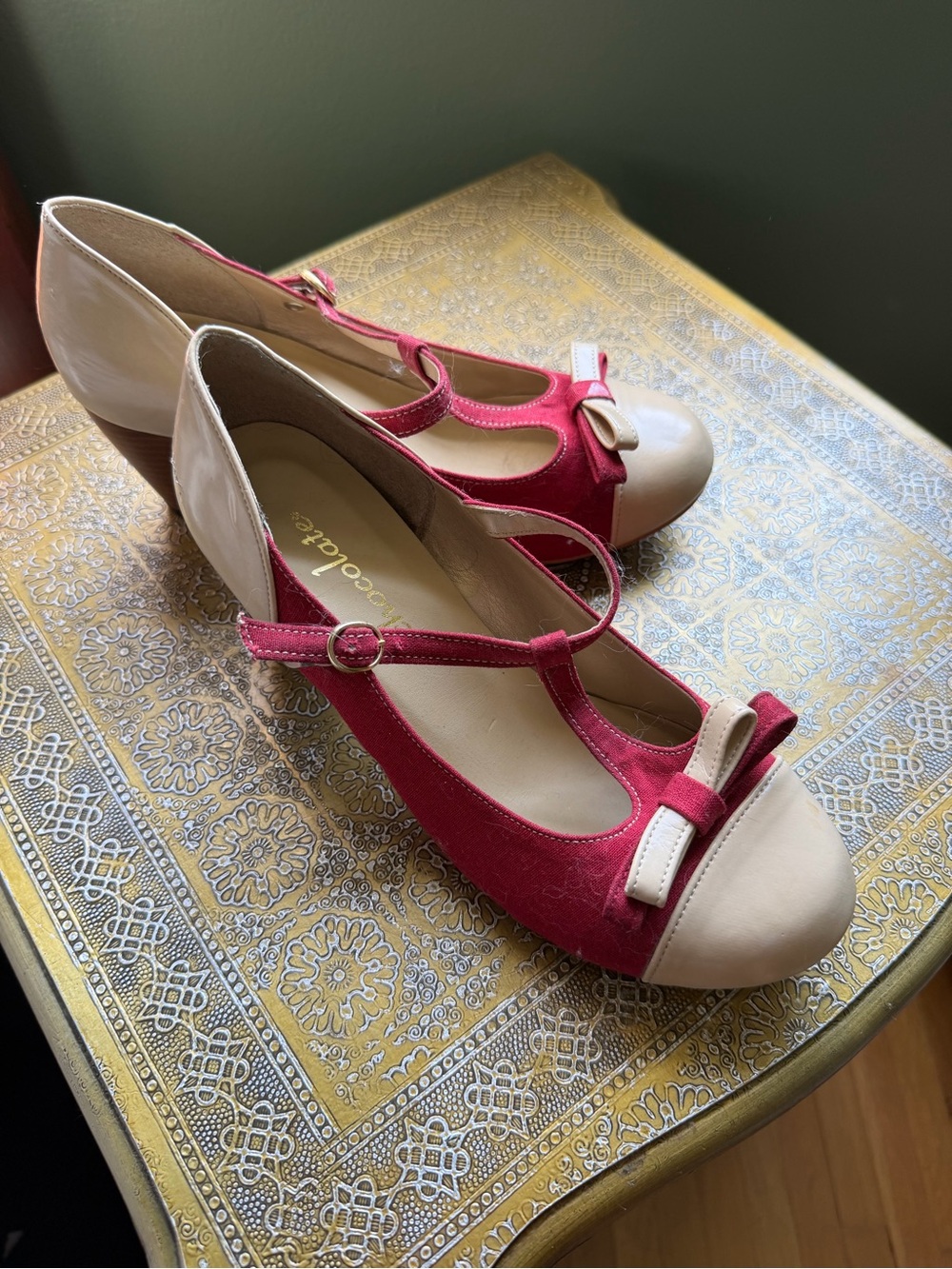 Chocolate Two-Tone Pink and Cream T-Strap Low Heel Pumps